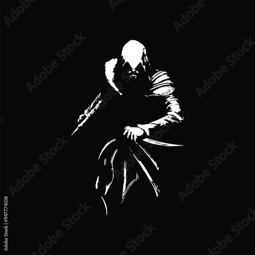 ninja carrying sword with silhouette style illustration vector on black background