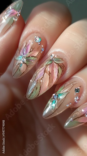 nail art of fantasy Elegant floral nail art design. Stunning almond nails.