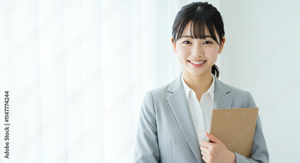 Professional Japanese Woman in Her 20s Holding a Binder with a Bright Smile in a Modern Office Environment Professional Japanese Woman in Her 20s Holding a Binder with a Bright Smile in a Modern Office Environment