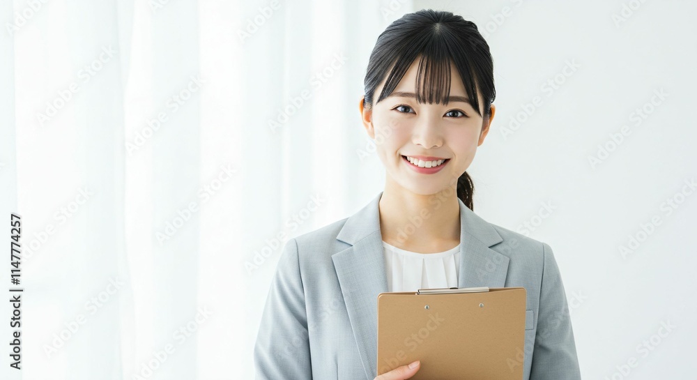 Professional Japanese Woman in Her 20s Holding a Binder with a Bright Smile in a Modern Office Environment Professional Japanese Woman in Her 20s Holding a Binder with a Bright Smile in a Modern Office Environment