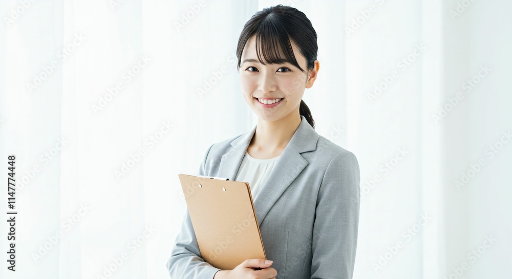 Elegant and Professional Young Japanese Woman Holding a Binder with a Confident Smile Elegant and Professional Young Japanese Woman Holding a Binder with a Confident Smile
