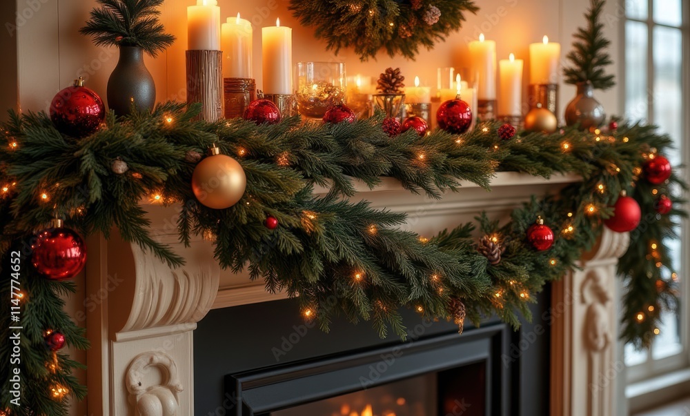Festive holiday mantel decoration with candles Festive holiday mantel decoration with candles