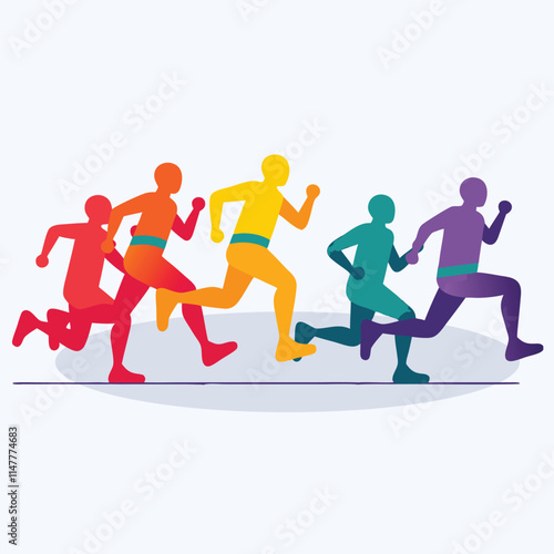 Illustrated depiction of a group of runners celebrating as they cross the finish line. Vibrant and uplifting representation of determination, athleticism, teamwork, and accomplishment in sports.