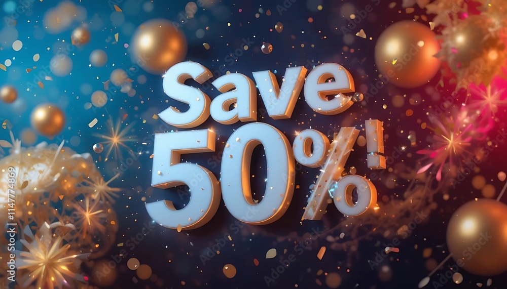 Save Up to 50% 3D Text digital art for promotion Save Up to 50% 3D Text digital art for promotion