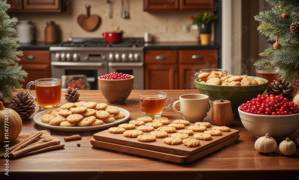 Festive holiday cookies and tea setup Festive holiday cookies and tea setup