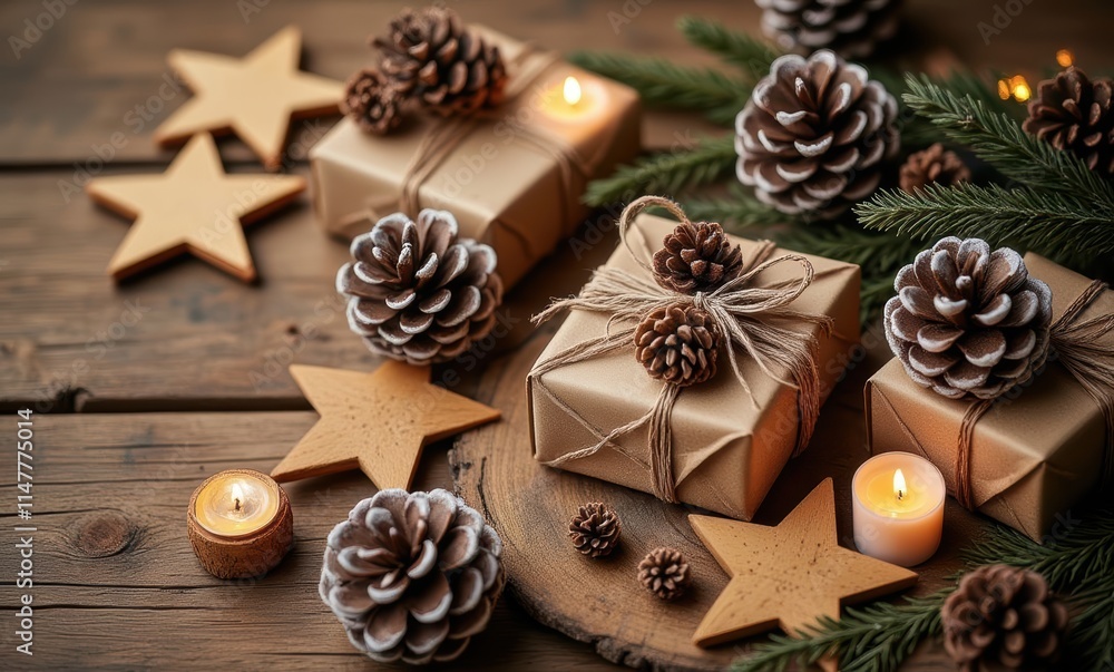 Christmas gifts with pinecones and stars Christmas gifts with pinecones and stars
