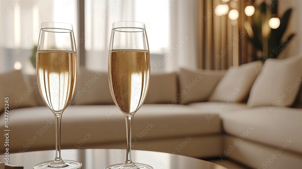 Two glasses of champagne on the table in a luxurious living room Two glasses of champagne on the table in a luxurious living room