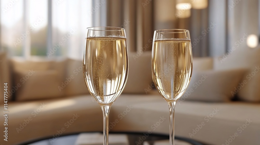 Two glasses of champagne on the table in a luxurious living room Two glasses of champagne on the table in a luxurious living room