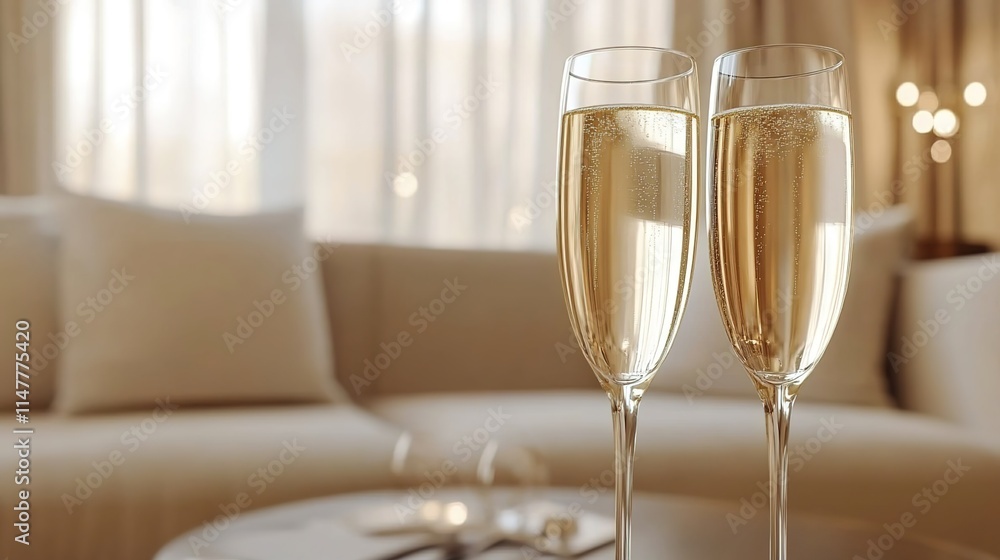 Two glasses of champagne on the table in a luxurious living room Two glasses of champagne on the table in a luxurious living room