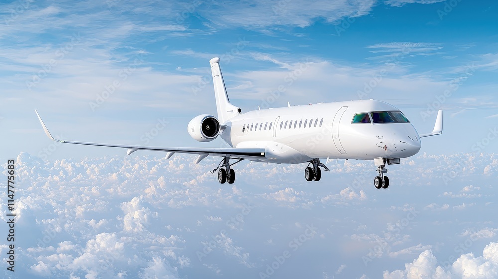 Obraz premium White private jet flying above clouds.