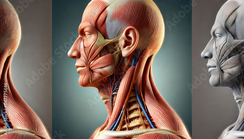 3D anatomical illustration of the human neck with visible layers of skin, muscles, and vertebrae, perfect for educational and medical purposes.