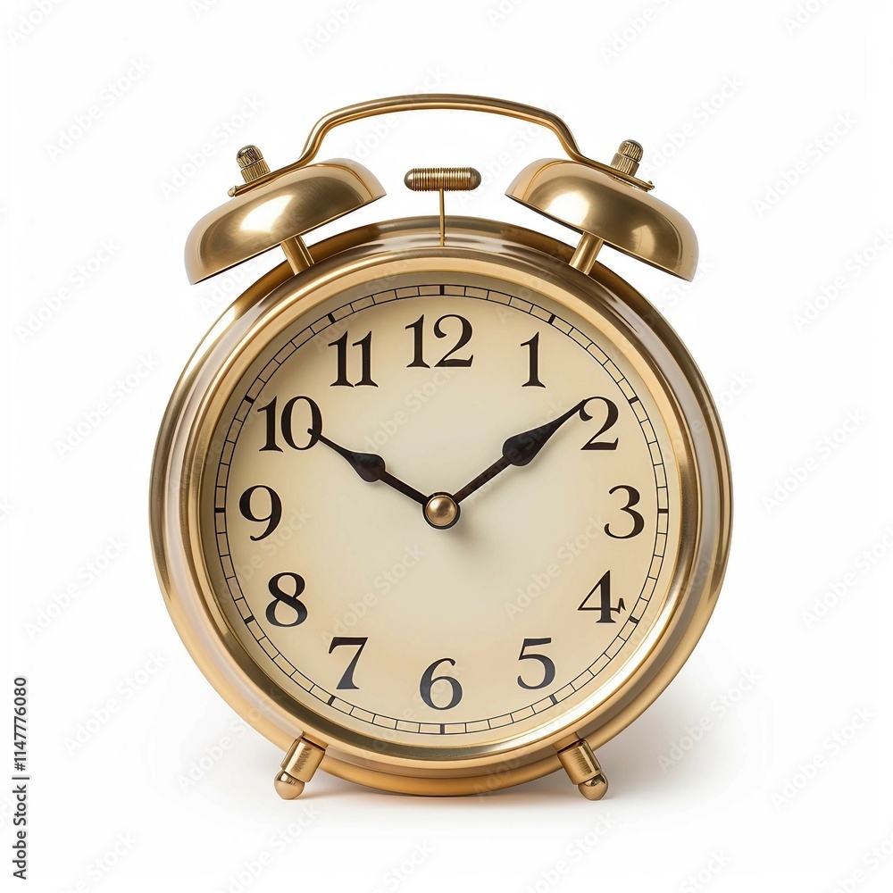 Gold Alarm Clock, Isolated on white background, flat lay Gold Alarm Clock, Isolated on white background, flat lay