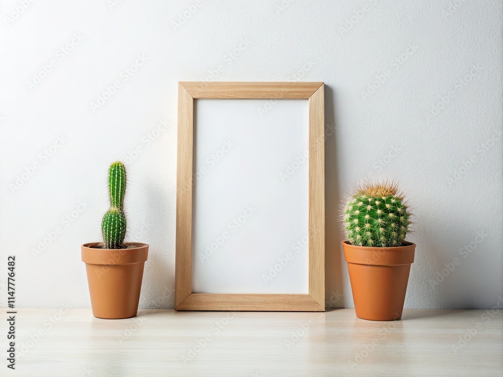 Empty Wooden Frame Mockup, Cactus, Interior Design, Landscape Photography Poster, White Wall, Generative AI Image Empty Wooden Frame Mockup, Cactus, Interior Design, Landscape Photography Poster, White Wall, Generative AI Image