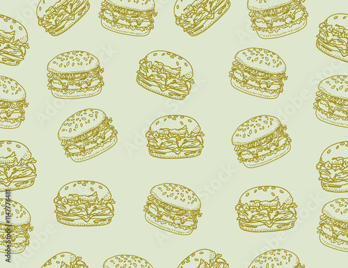 doodle burger pattern background. doodle fast food burger seamless pattern background. seamless pattern of hamburger in doodle style. Seamless Pattern of a Cheese Burger or Hamburger