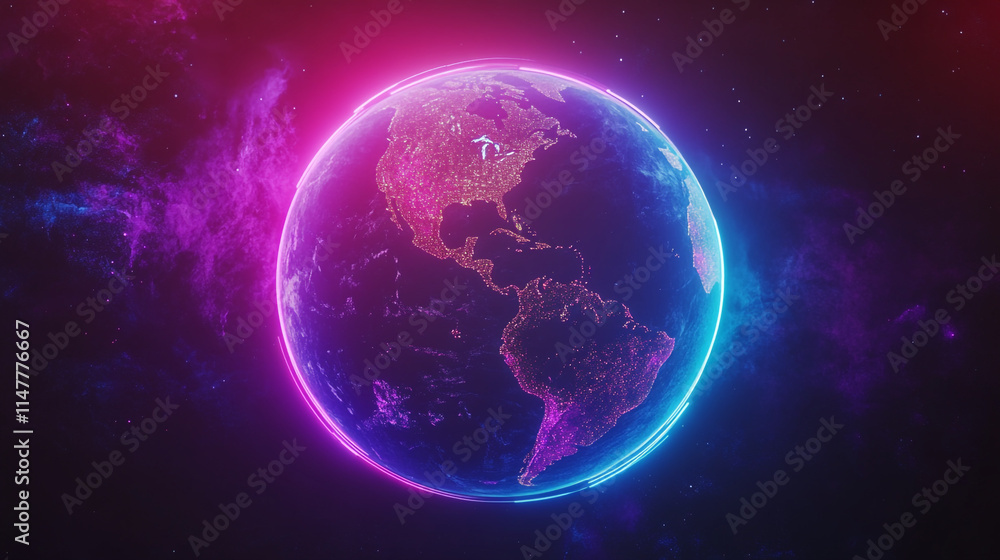 Obraz premium Colorful digital artwork of Earth with glowing neon effects in space. 