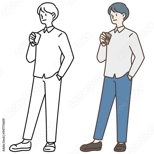 コーヒーを手に持って立つ男性