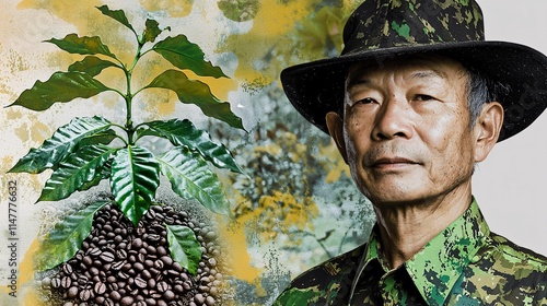 portrait of a farmer with coffee beans growing overlaid on the image, symbolizing the significance of Arabica as an economic plant in global trade. [Arabica]:[Economic plants]  photo