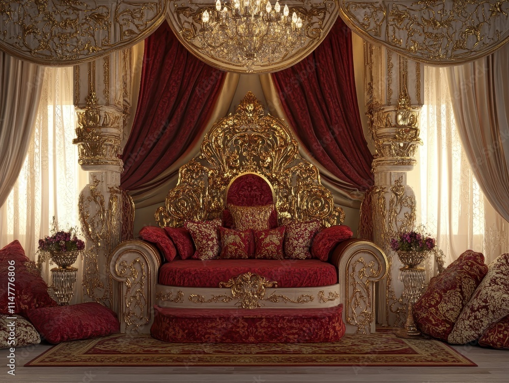 Opulent Royal Throne Room Interior Design with Golden Accents and Red Hues Opulent Royal Throne Room Interior Design with Golden Accents and Red Hues