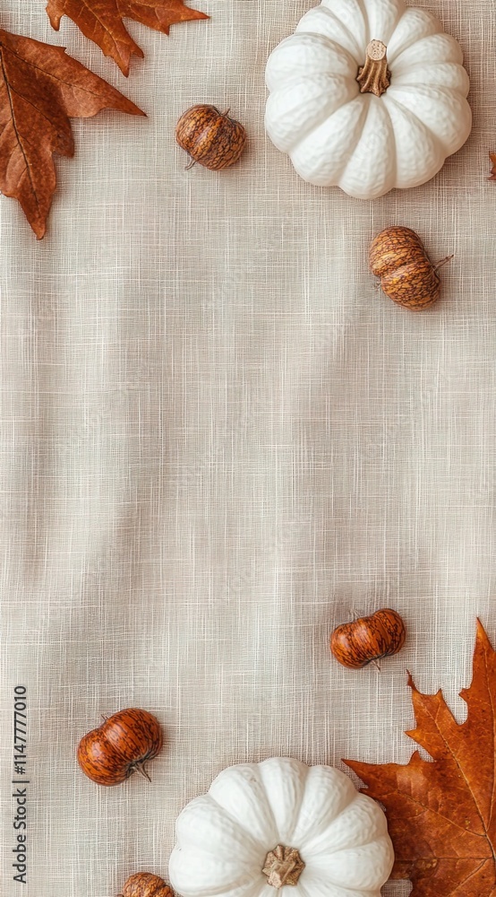 Fototapeta premium A light beige tablecloth with white pumpkins, acorns, and orange leaves on the sides of the cloth. 