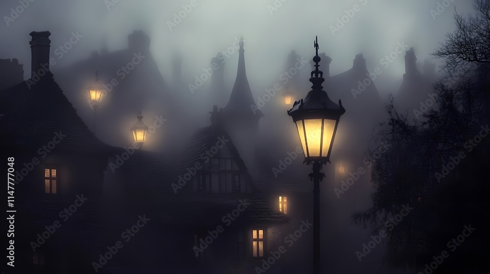 A mysterious foggy scene with illuminated houses and a street lamp. A mysterious foggy scene with illuminated houses and a street lamp.