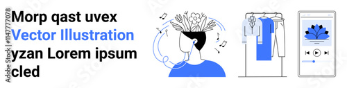 Person enjoying music with flower-thoughts, organized closet, smartphone app. Ideal for lifestyle, wellness, productivity, fashion, technology relaxation mindfulness. Landing page