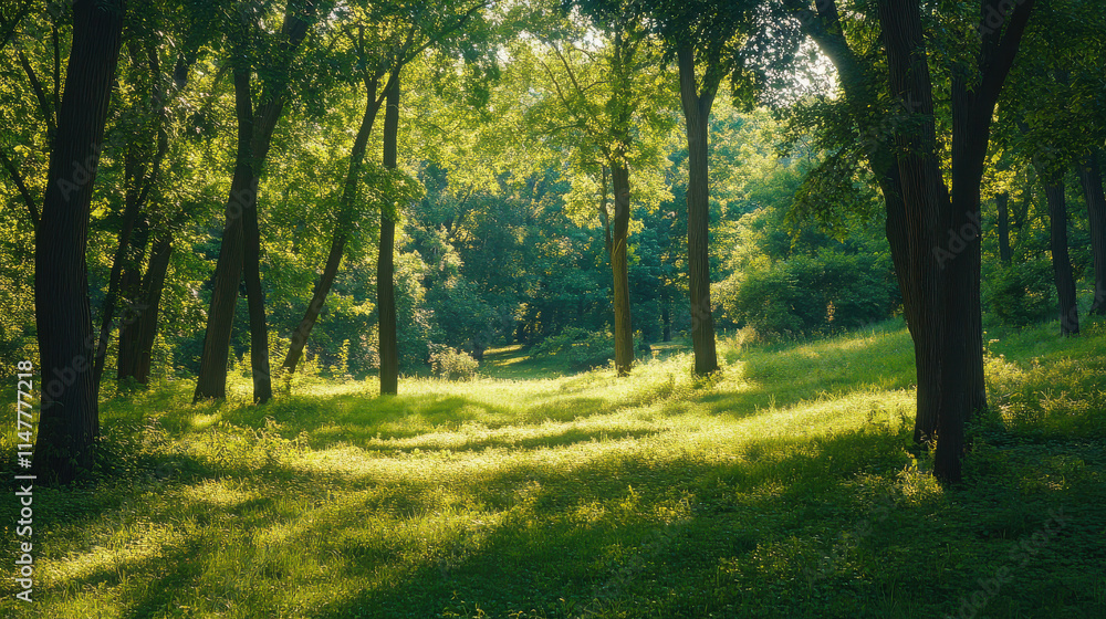 Fototapeta premium A serene forest scene with sunlight filtering through trees, highlighting lush greenery.