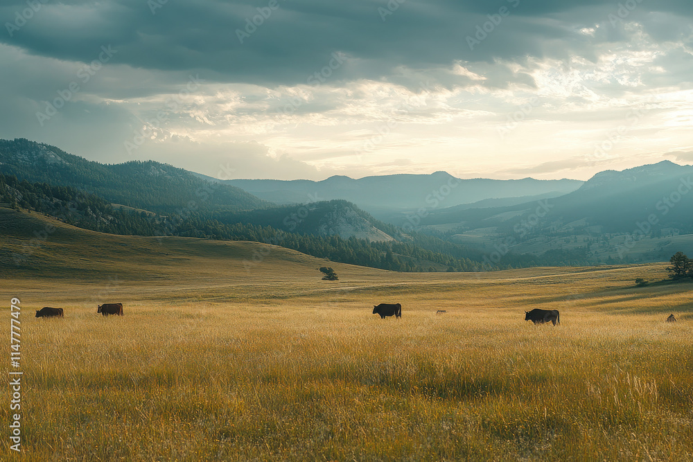 Obraz premium A serene landscape featuring cattle grazing in a vast, grassy field under a cloudy sky.