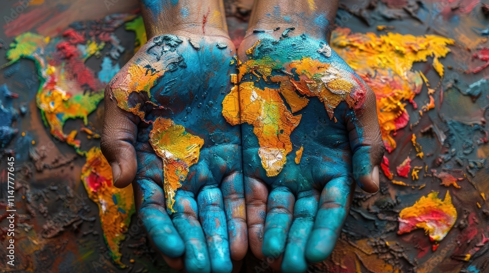 Fototapeta premium Painted hands cradling a colorful world map.
