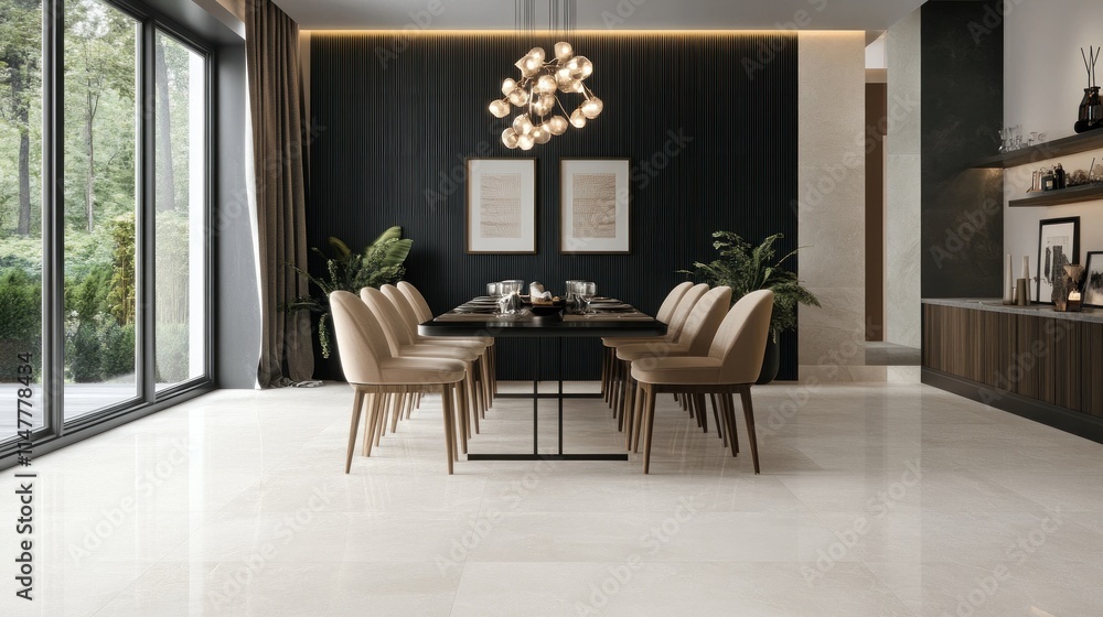 Fototapeta premium Modern dining room with large windows, beige floor, dark wall, and elegant table setting.