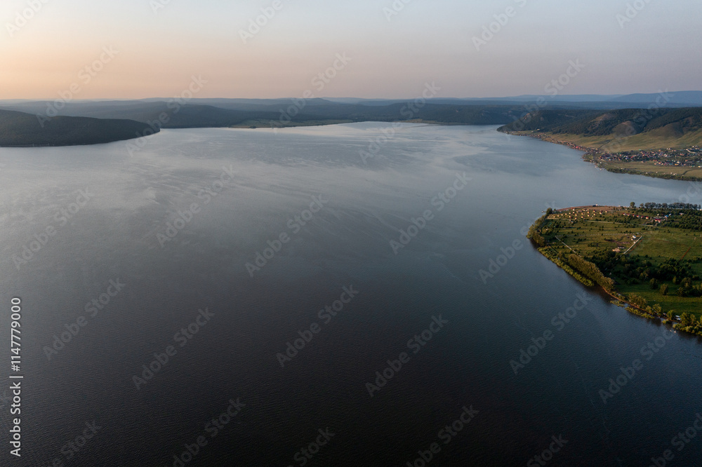 Southern Urals, Bashkortostan, Nugush reservoir in summer. Aerial view. Southern Urals, Bashkortostan, Nugush reservoir in summer. Aerial view.