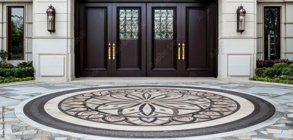 Obraz premium Elegant double mahogany front door with brass details, set on a circular driveway with intricate stonework.