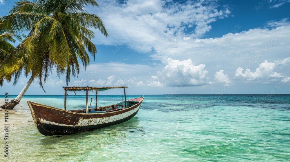 Tranquil Tropical Scene with Boat and Palm Trees by the Shore Tranquil Tropical Scene with Boat and Palm Trees by the Shore
