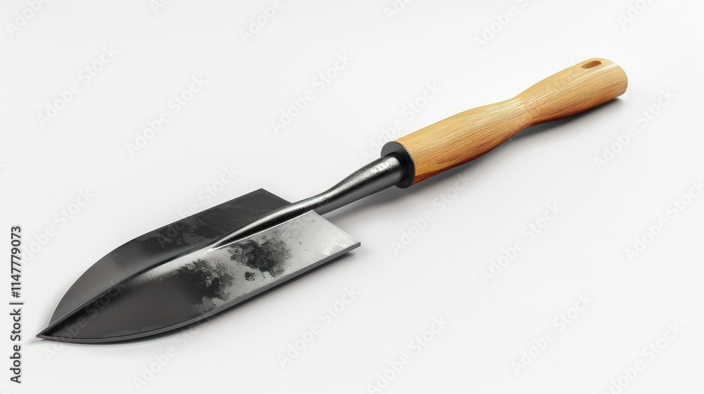 Close up view of a gardening tool with a wooden handle and a sharp metal blade The tool is typically used for digging cultivating and preparing the soil for planting in a garden yard Close up view of a gardening tool with a wooden handle and a sharp metal blade The tool is typically used for digging cultivating and preparing the soil for planting in a garden yard