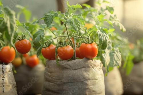 Tomatoes in reusable grow bags  upcycled tee big bags  sustainability trend. photo