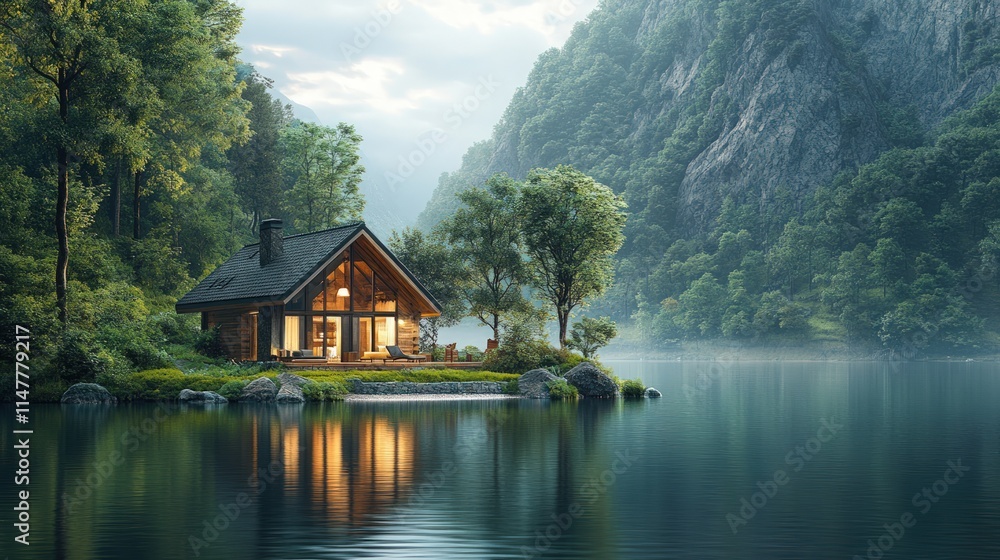 Fototapeta premium Secluded cabin, lake, mountains, forest.