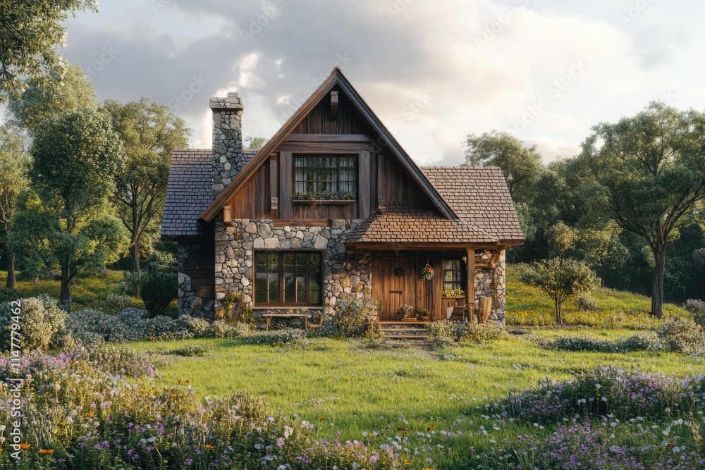 Wooden house on green grass Eco house Wooden house on green grass Eco house
