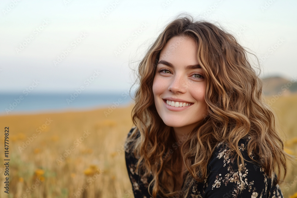 Smiling Women in Golden Fields with Coastal Backdrops at Sunset Smiling Women in Golden Fields with Coastal Backdrops at Sunset