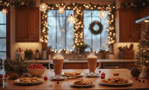 Warm holiday beverages and cookies photo