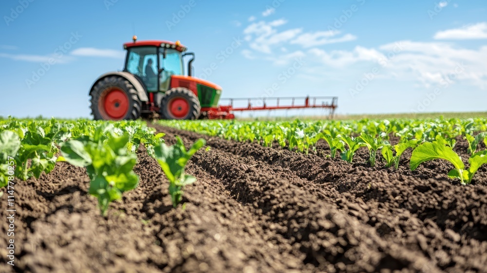 Tractor Working in Green Field Under Clear Blue Sky on Farm Tractor Working in Green Field Under Clear Blue Sky on Farm