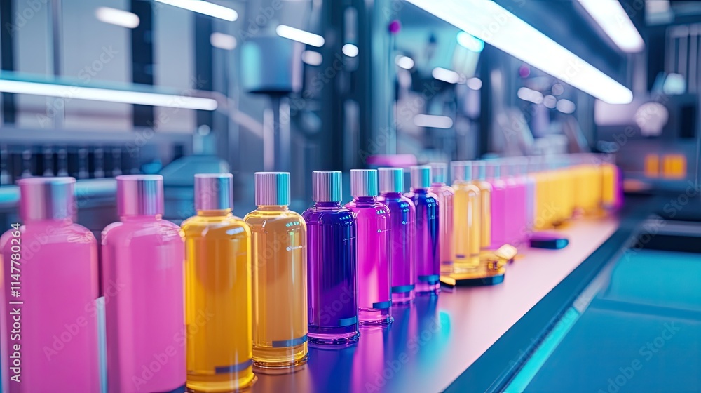 A cosmetics production line with machines filling and sealing vibrant bottles of lotion in an organized layout. A cosmetics production line with machines filling and sealing vibrant bottles of lotion in an organized layout.