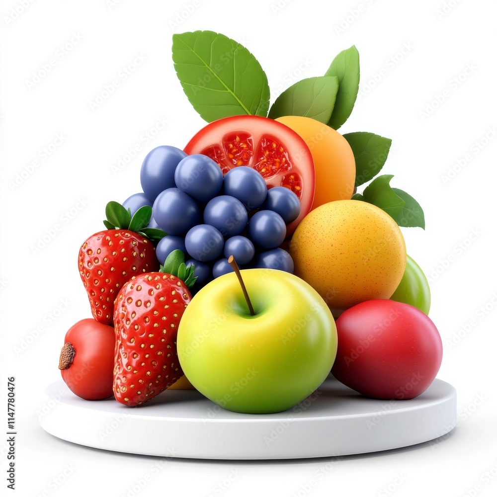 A colorful arrangement of fresh fruits, including apples, grapes, strawberries, and oranges, displayed on a white plate, evoking a sense of health and vibrancy. A colorful arrangement of fresh fruits, including apples, grapes, strawberries, and oranges, displayed on a white plate, evoking a sense of health and vibrancy.