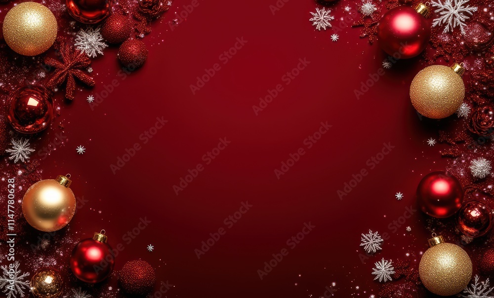 Festive Christmas decorations on red background Festive Christmas decorations on red background