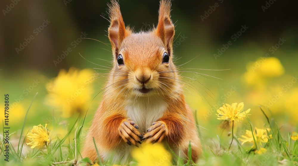 Adorable Red Squirrel Surrounded by Bright Yellow Dandelions Adorable Red Squirrel Surrounded by Bright Yellow Dandelions