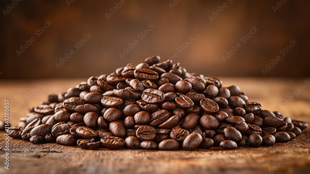 Fototapeta premium Aromatic Coffee Beans: Rich, Dark Roast Coffee Beans on Rustic Wood