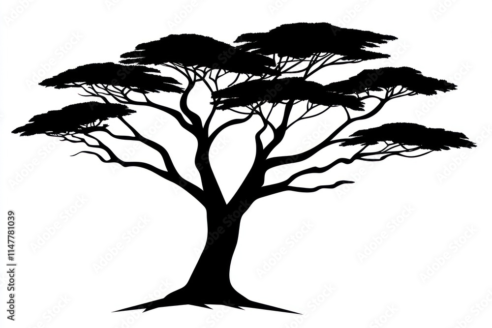 Obraz premium Silhouette of a large acacia tree with sprawling branches against a white background.