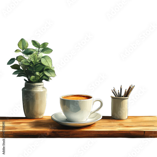 Enjoying a warm cup of coffee on a rustic wooden desk - flat illustration in a cozy environment from a top view perspective