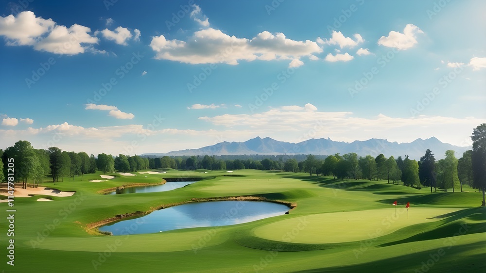 sweeping panorama of the golf course. A golf course with lush, green turf and stunning surroundings. Artificial Intelligence sweeping panorama of the golf course. A golf course with lush, green turf and stunning surroundings. Artificial Intelligence
