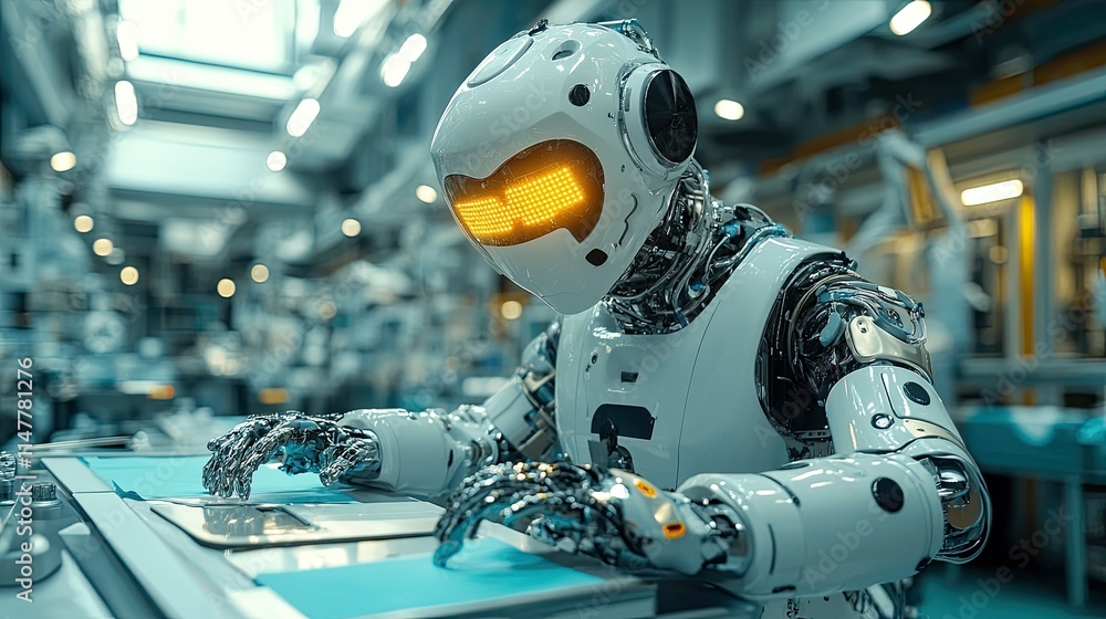 Fototapeta premium Robotic worker operating tablet in a futuristic factory.