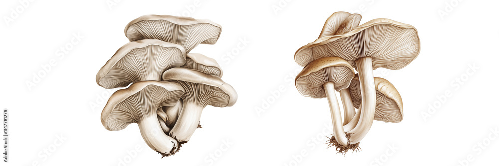 Detailed illustration of two mushroom varieties on a transparent background
Detailed illustration of two mushroom varieties on a transparent background