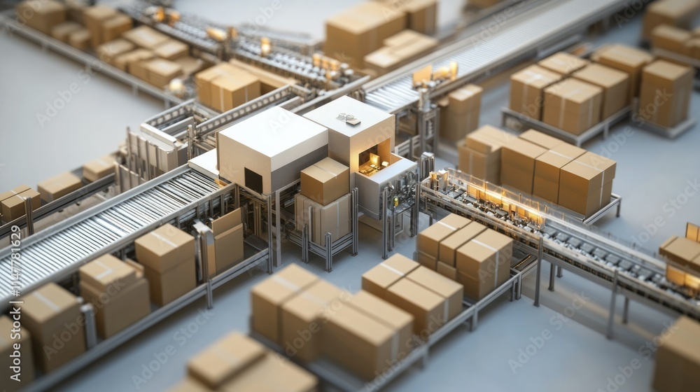 A packaging production line with high-speed conveyor belts organizing and boxing products. A packaging production line with high-speed conveyor belts organizing and boxing products.